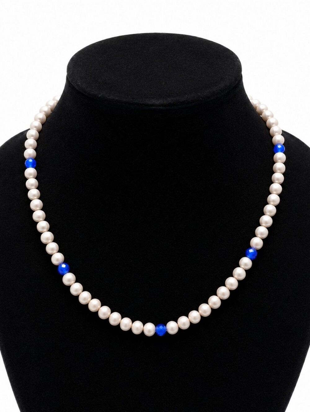 Vintage Faux Pearl & Blue Bead Necklace Hand Knotted Classic Elegant Jewelry